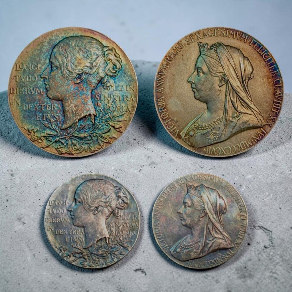 Queen Victoria Diamond Jubilee Silver Medal Pair – 1897 – Large 55 mm Medal & Miniature 32 mm Medal – Rainbow Toning