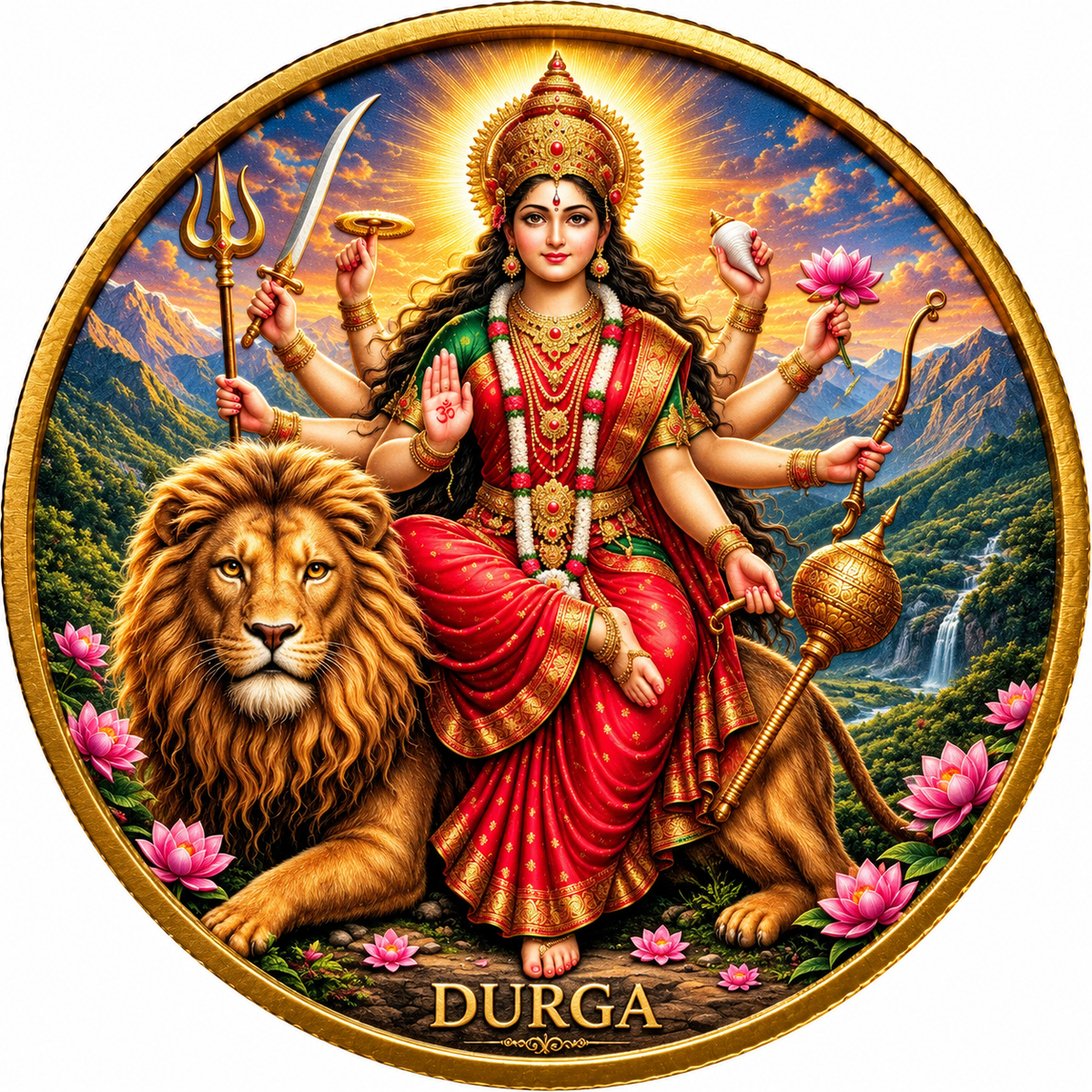 Ghana 2026 Goddess Durga 5 Cedis – 1 oz .999 Fine Silver Coin – High Relief, Gold Gilded & Colorized – Durga with Lion