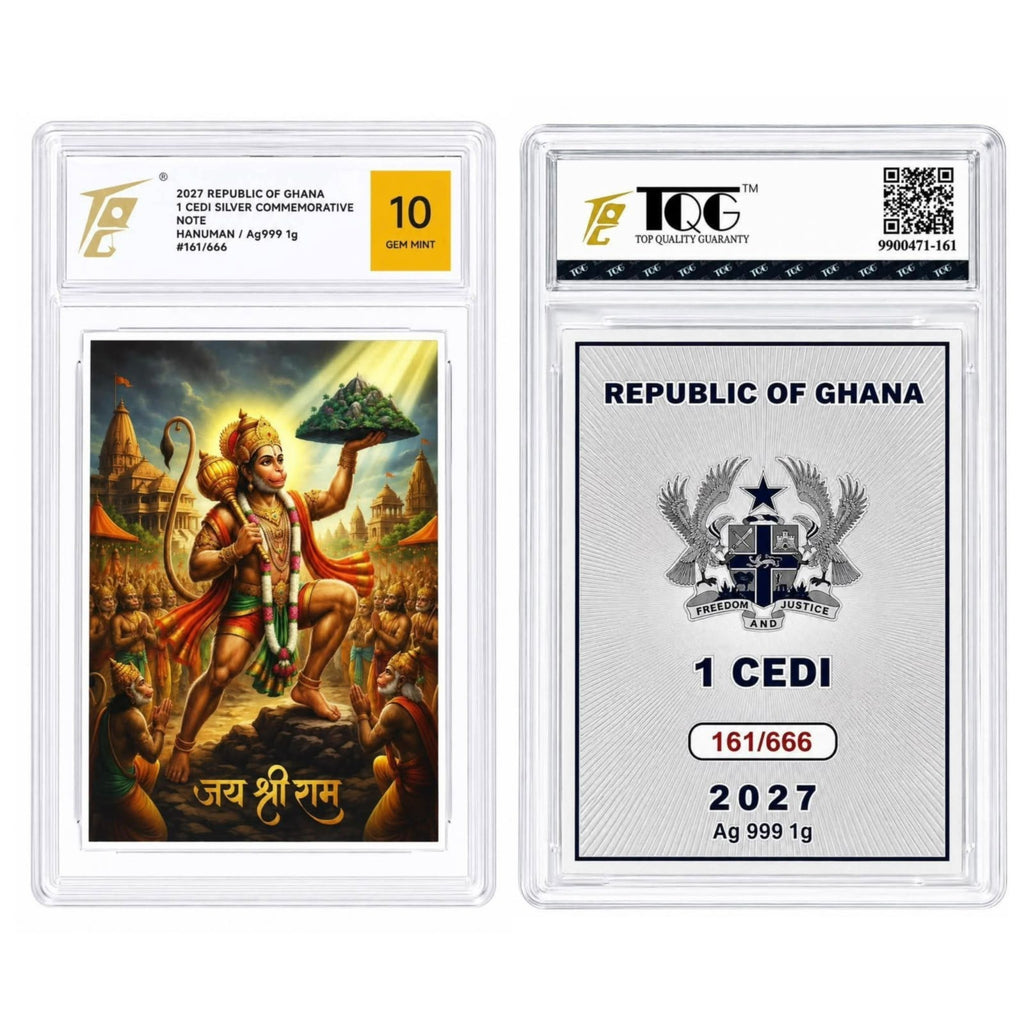 Ghana 2027 Lord Hanuman 1 Cedi Commemorative Silver Note – 1g .999 Fine Silver – Mintage 666 – Individually Serialised – TQG Graded