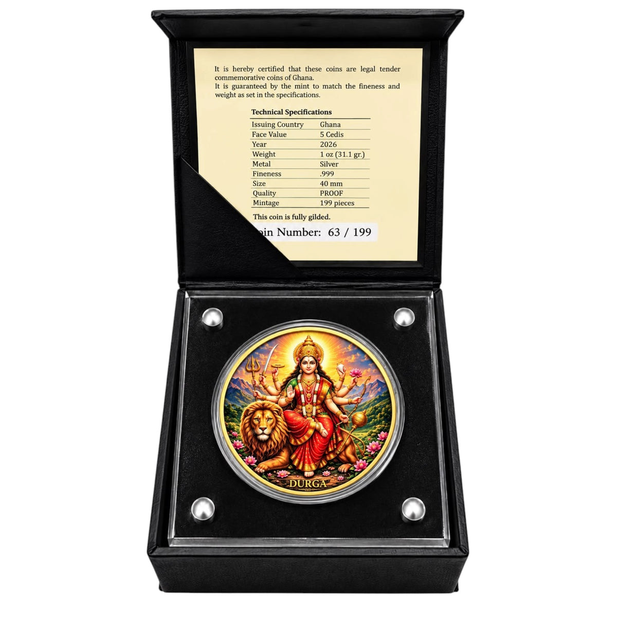 Ghana 2026 Goddess Durga 5 Cedis – 1 oz .999 Fine Silver Coin – High Relief, Gold Gilded & Colorized – Durga with Lion