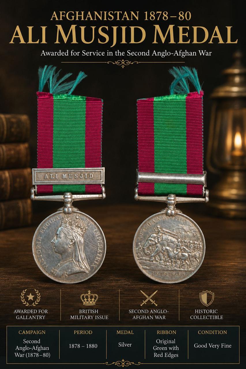 Rare Afghanistan 1878–1880 Ali Musjid Clasp Campaign Medal – Queen Victoria – Second Anglo-Afghan War – Silver Military Decoration with Ribbon