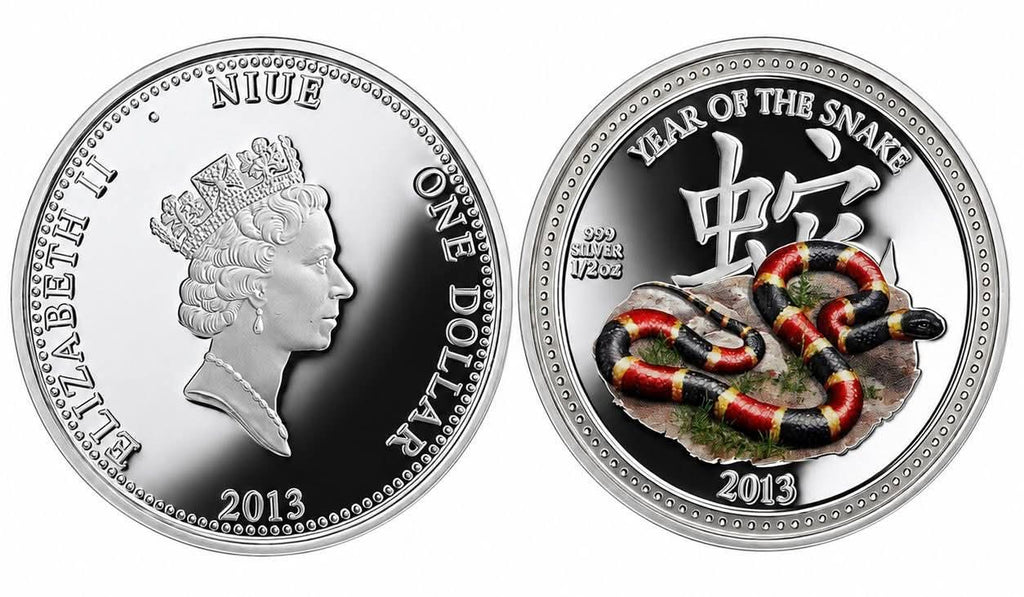 2013 Niue $1 Year of the Snake – 1/2 oz (15.55 g) .999 Fine Silver Colourized Coin – Chinese Lunar Zodiac – Mintage 8,000