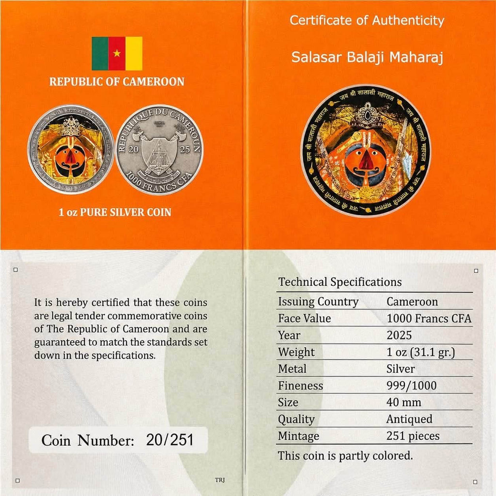 Cameroon 2026 Salasar Balaji 1000 Francs CFA – 1 oz .999 Fine Silver Coin (31.1 g) – Partially Coloured – Mintage 251 – With Box & COA