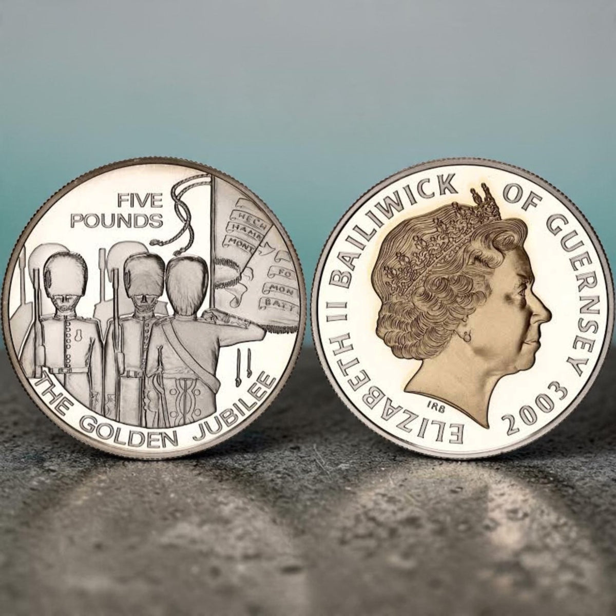 Guernsey 2003 Queen Elizabeth II Golden Jubilee Five Pounds – .925 Sterling Silver Proof Coin – 28.28 g