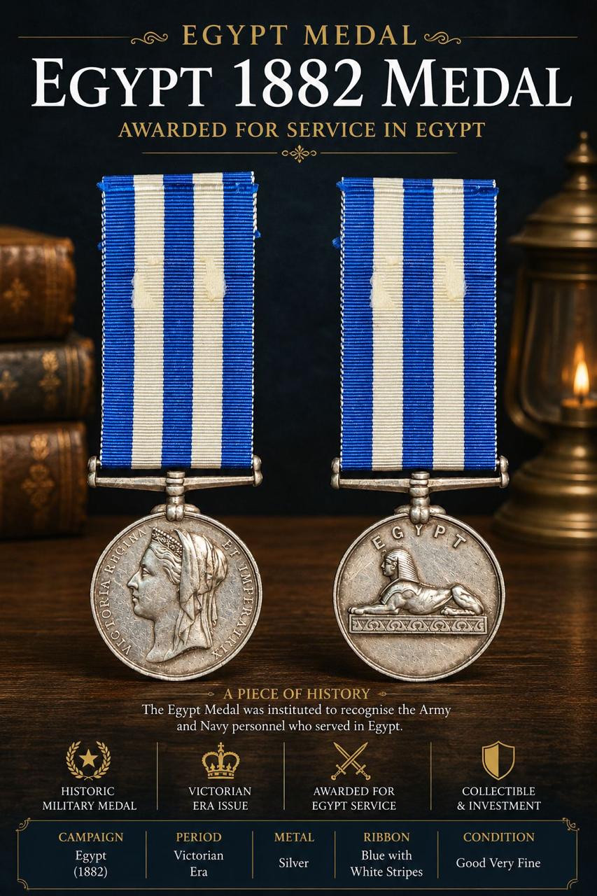 British Egypt Medal 1882 – Queen Victoria – Sphinx & “EGYPT” Reverse – Silver Campaign Medal with Ribbon