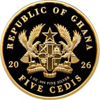 Ghana 2026 Goddess Durga 5 Cedis – 1 oz .999 Fine Silver Coin – High Relief, Gold Gilded & Colorized – Durga with Lion