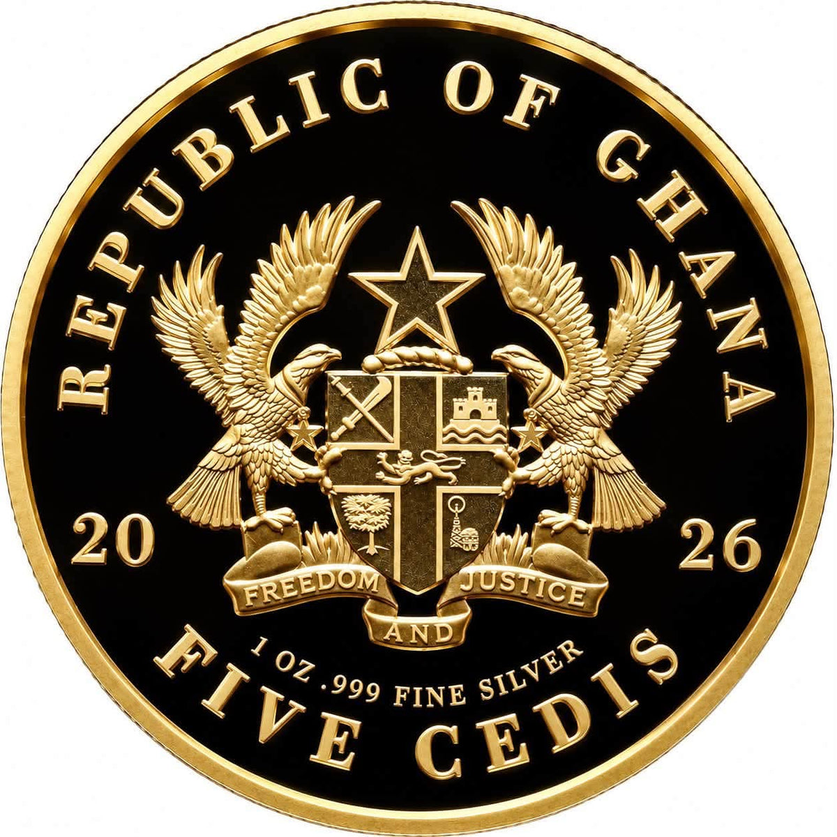 Ghana 2026 Goddess Durga 5 Cedis – 1 oz .999 Fine Silver Coin – High Relief, Gold Gilded & Colorized – Durga with Lion