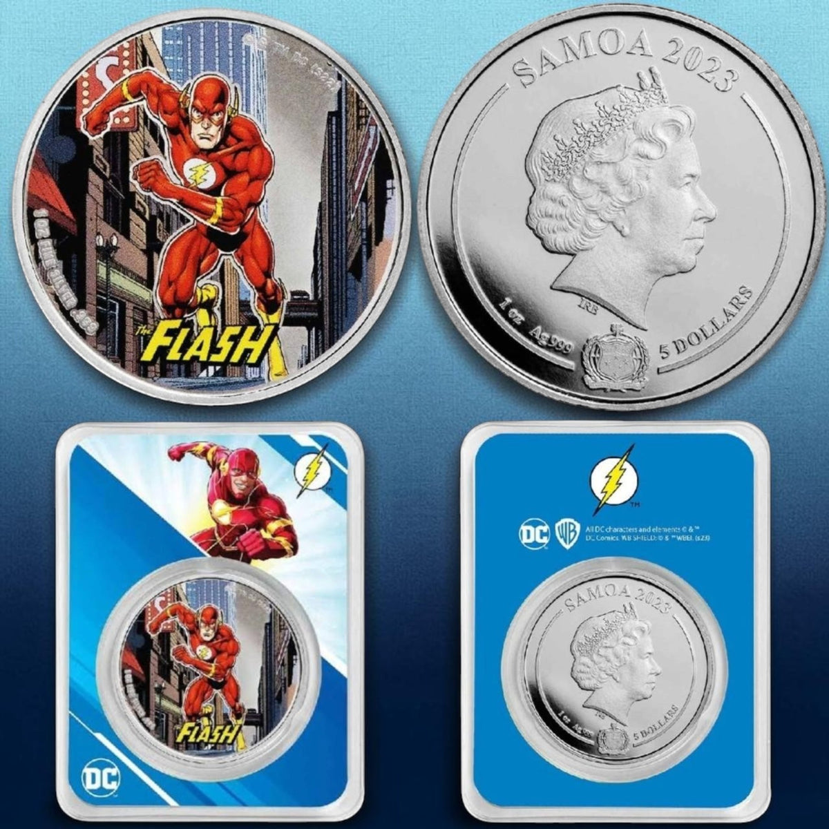 Samoa 2023 DC Comics The Flash Five Dollars – 1 oz (31.1 Grams) .999 Fine Silver Colorized Proof Coin – Official DC Display Card