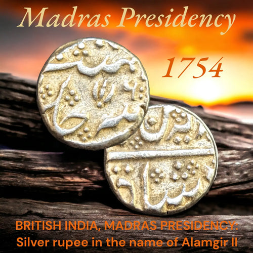 British India Madras Presidency Alamgir II Silver Rupee - Open Lotus Type