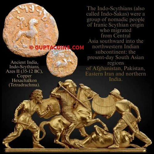 Ancient India,
Indo-Scythians Azes II (35-12 BC) Copper Hexachalkon/ Tetradrachm