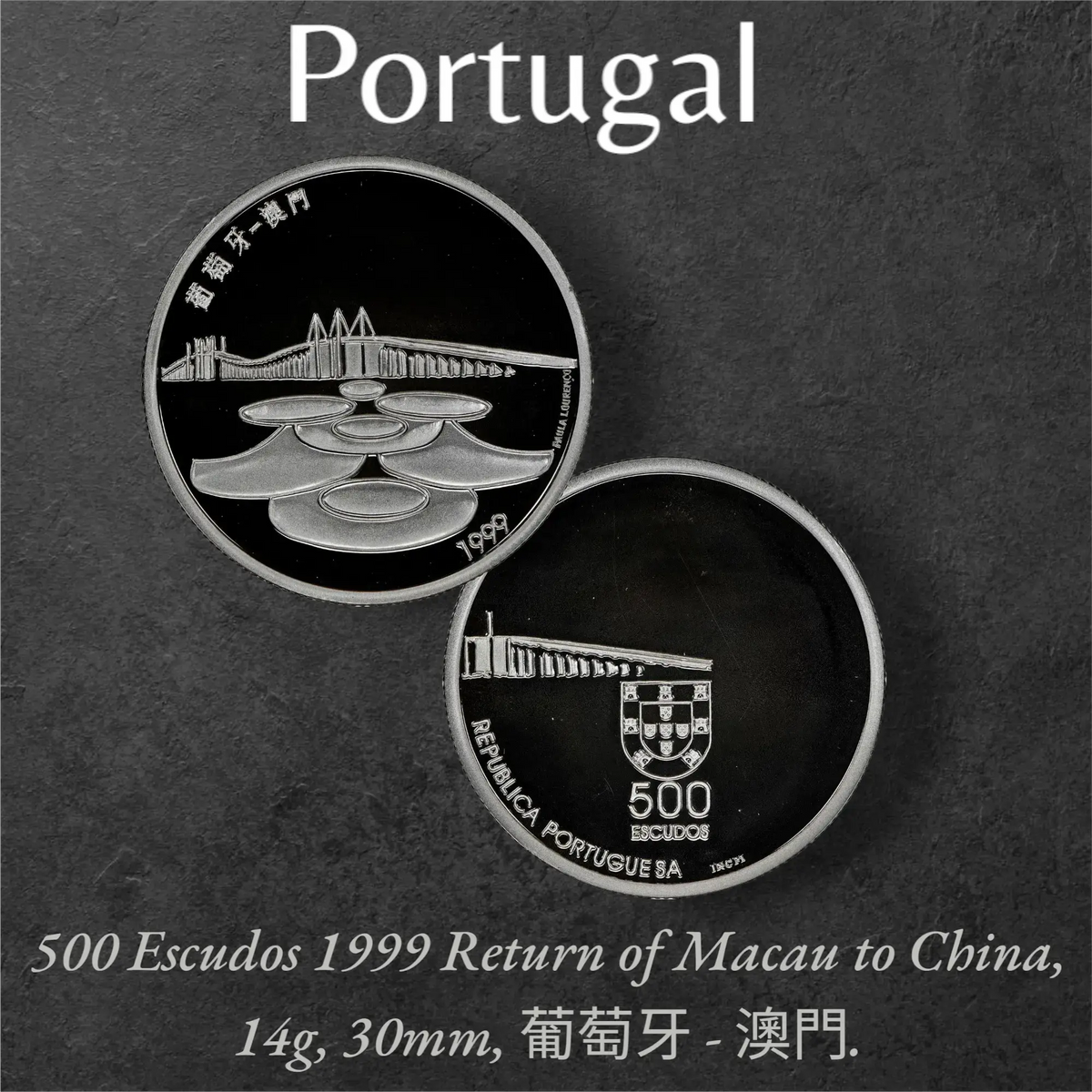 Portugal 500 escudos 1999 return of macau to china commemorative coin 14g 30mm